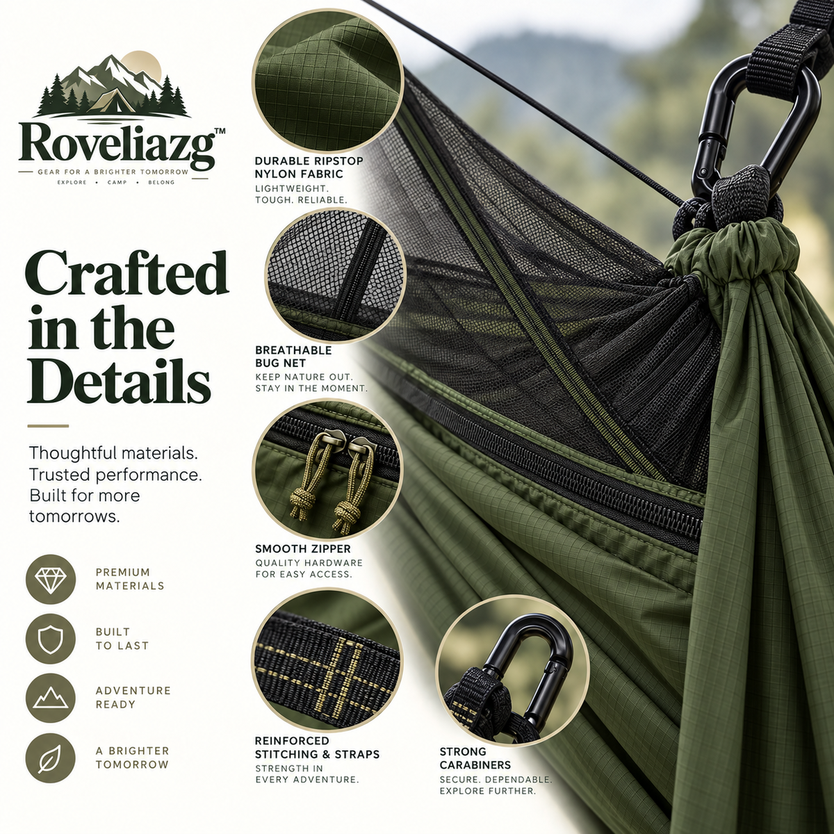 Roveliazg™ TrailNest Camping Hammock – Ultralight Ripstop Outdoor Hammock with Integrated Mosquito Net & Storage Pocket