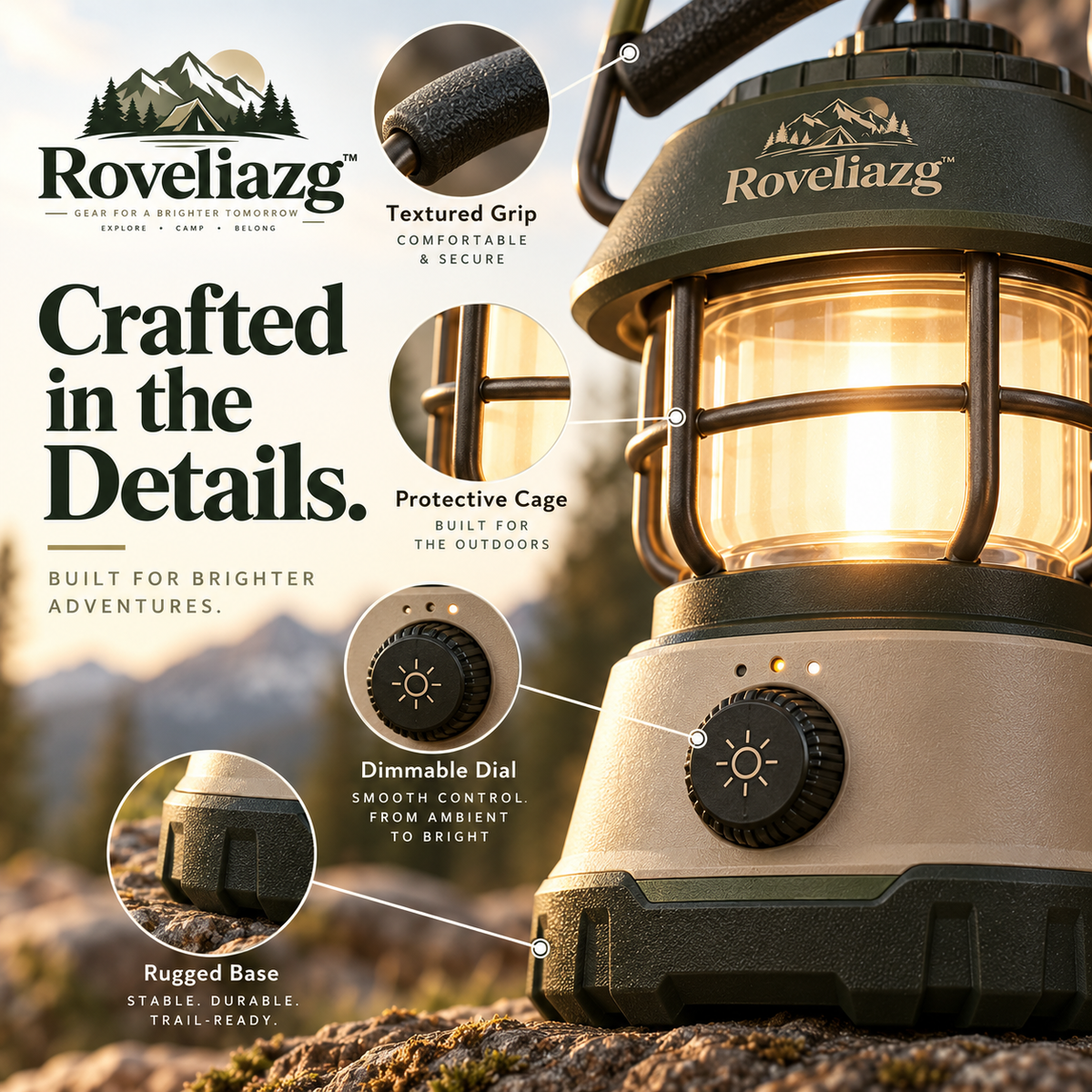 Roveliazg™ TrailNest Rechargeable Camping Lantern – Warm LED Outdoor Light with USB-C Charging & Hanging Handle