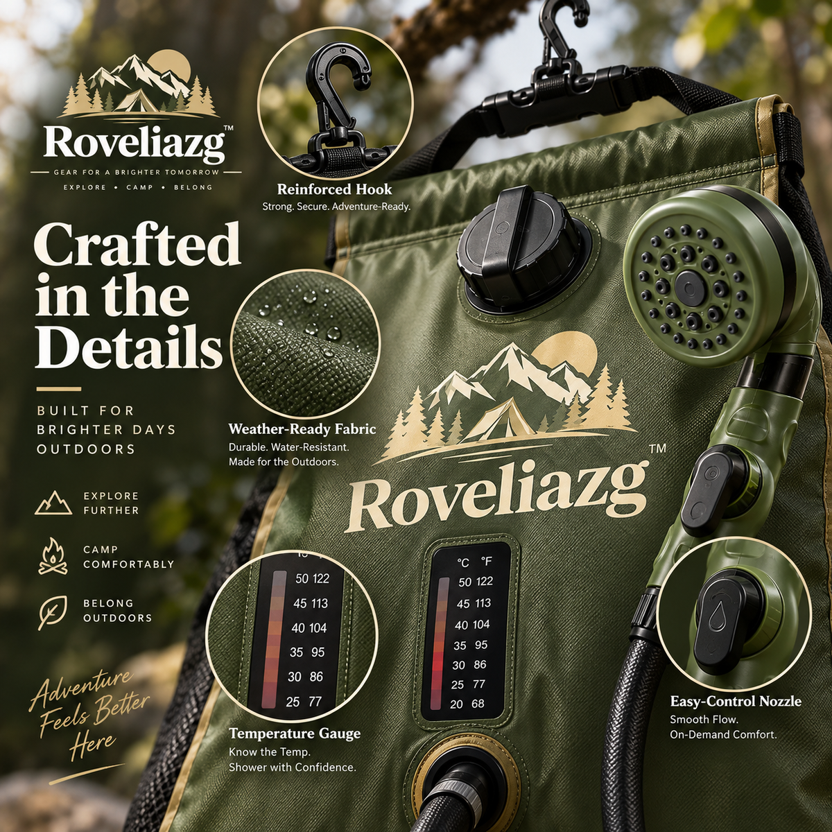 Roveliazg™ CanyonFlow Solar Camp Shower – Portable Outdoor Shower Bag with Temperature Indicator, Hose & Hanging Kit