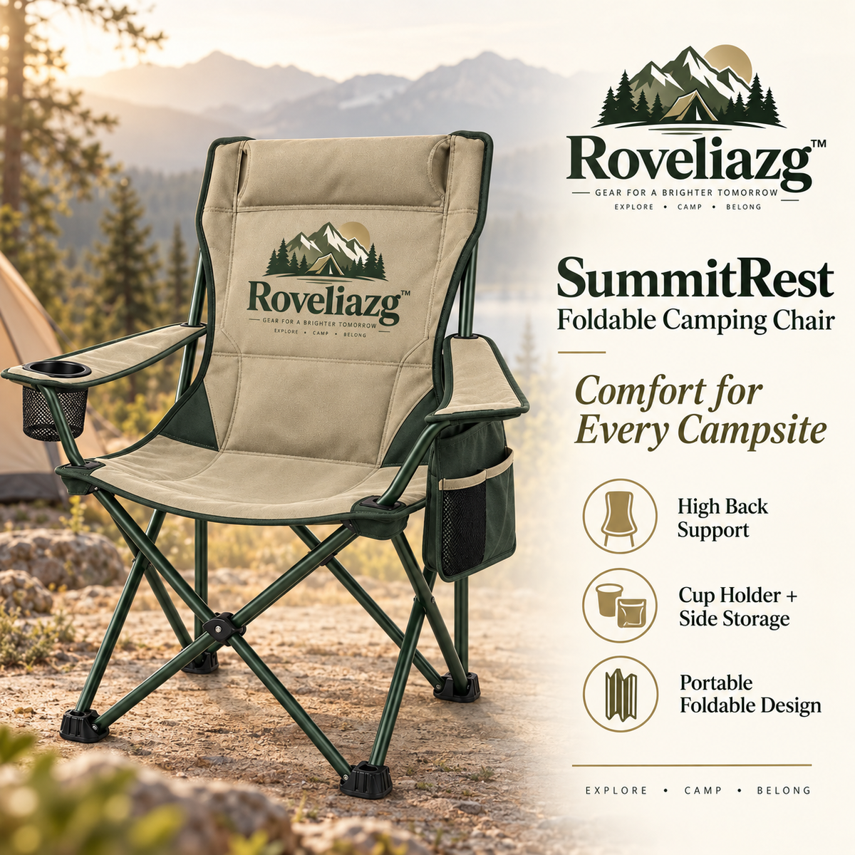 Roveliazg™ SummitRest Foldable Camping Chair – High-Back Outdoor Chair with Cup Holder & Side Storage Pocket