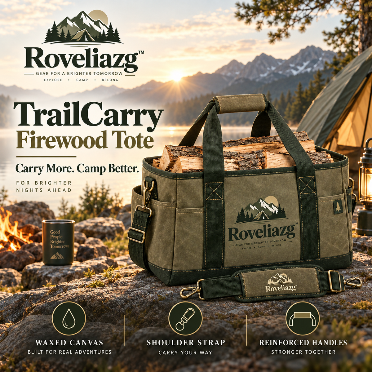 Roveliazg™ TrailCarry Firewood Tote – Heavy-Duty Waxed Canvas Log Carrier with Reinforced Handles & Shoulder Strap