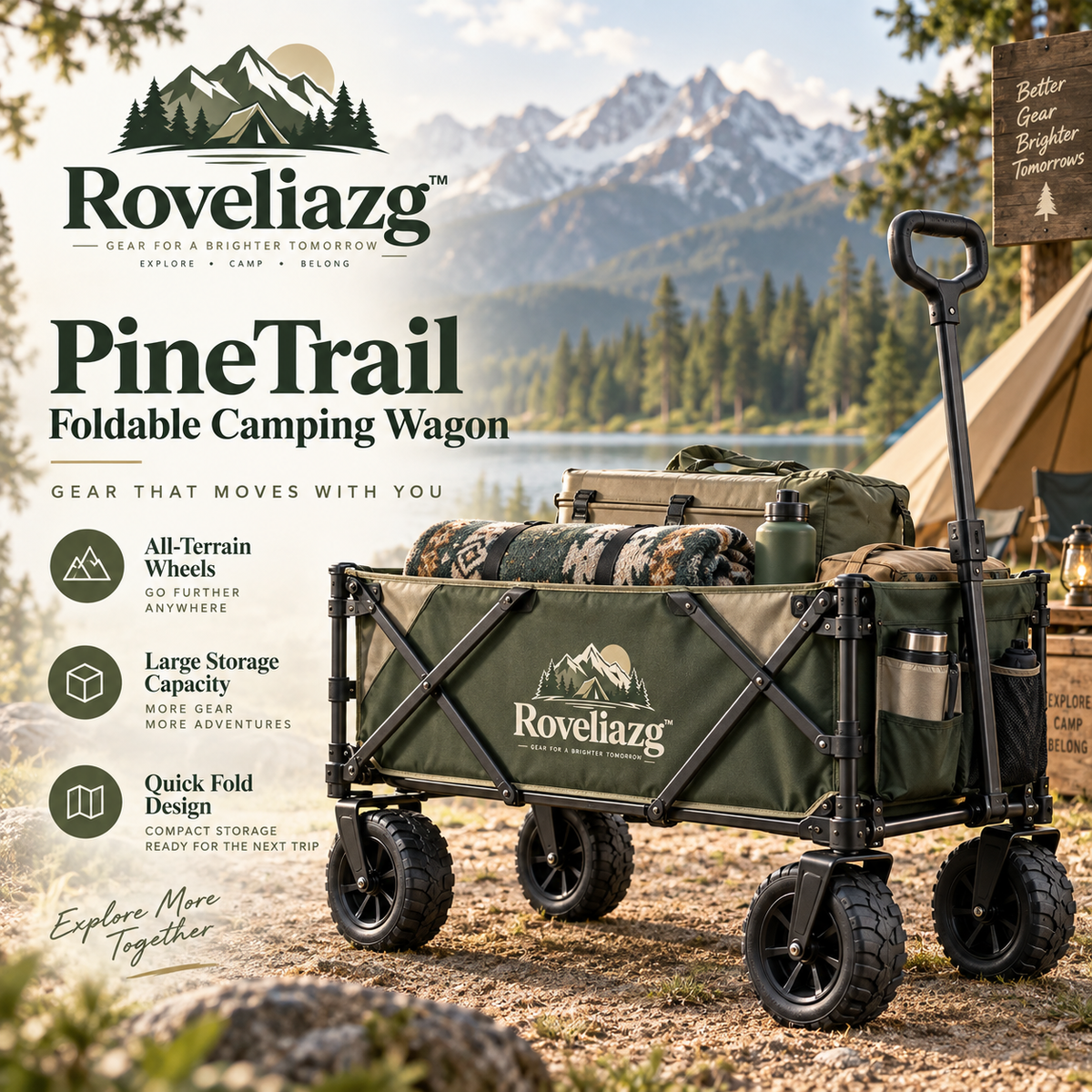 Roveliazg™ PineTrail Foldable Camping Wagon – All-Terrain Utility Cart with Large Storage Capacity & Quick-Fold Design