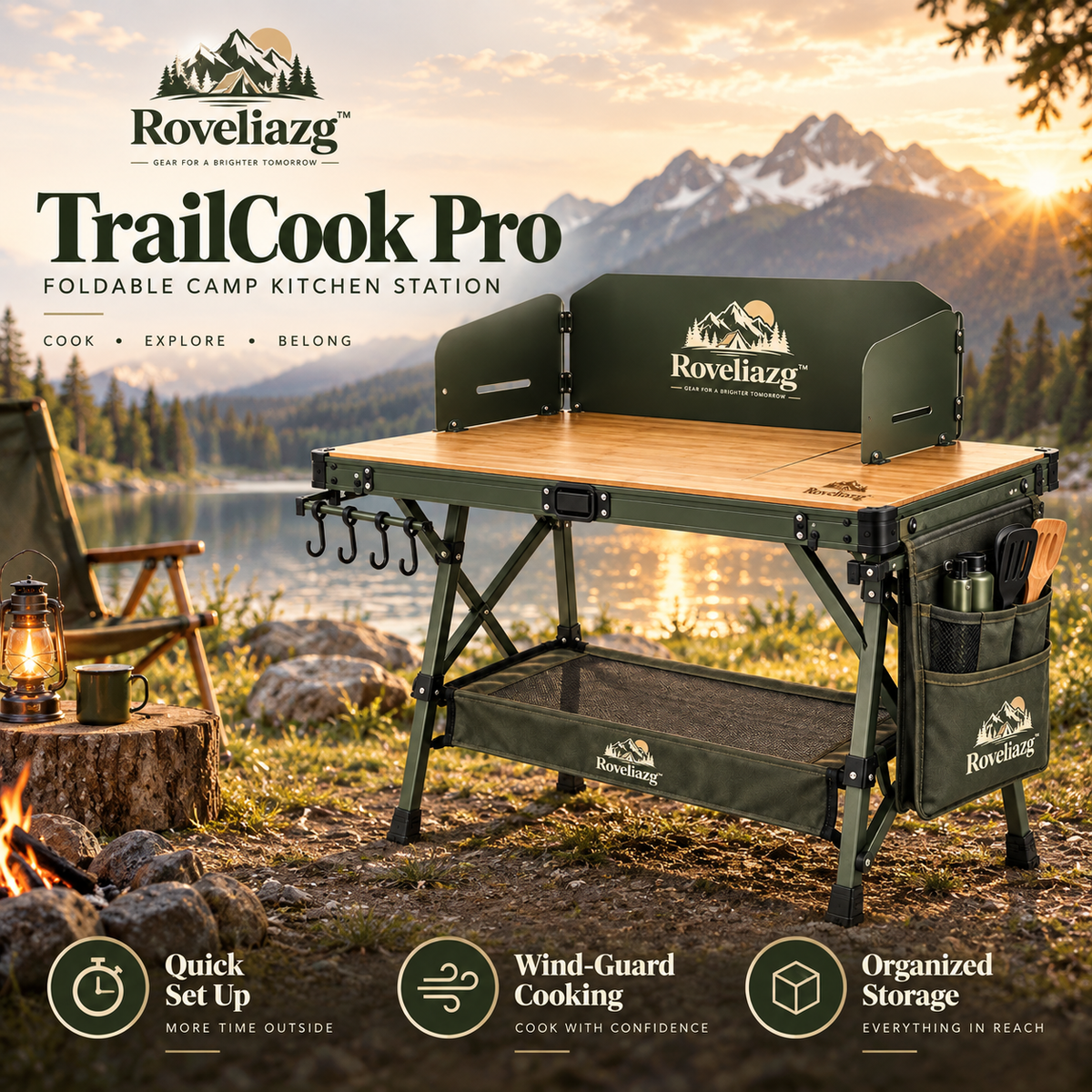 Roveliazg™ TrailCook Pro Foldable Camp Kitchen Station – Portable Outdoor Cooking Table with Wind Guard, Storage Shelf & Hanging Hooks