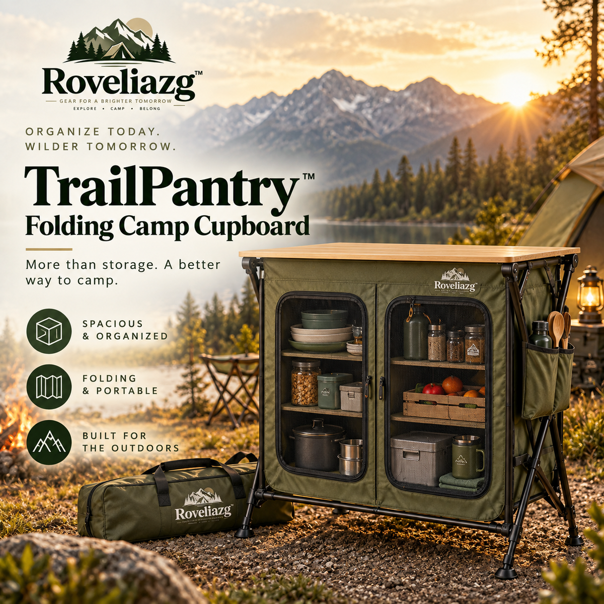 Roveliazg™ TrailPantry Folding Camp Cupboard – Portable Outdoor Storage Cabinet with Shelves, Tabletop & Carry Bag