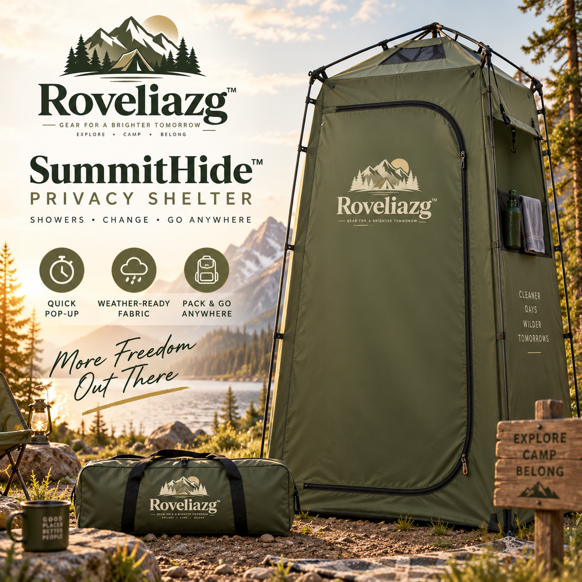 Roveliazg™ SummitHide Privacy Shelter – Portable Pop-Up Camping Shower & Changing Tent with Carry Bag