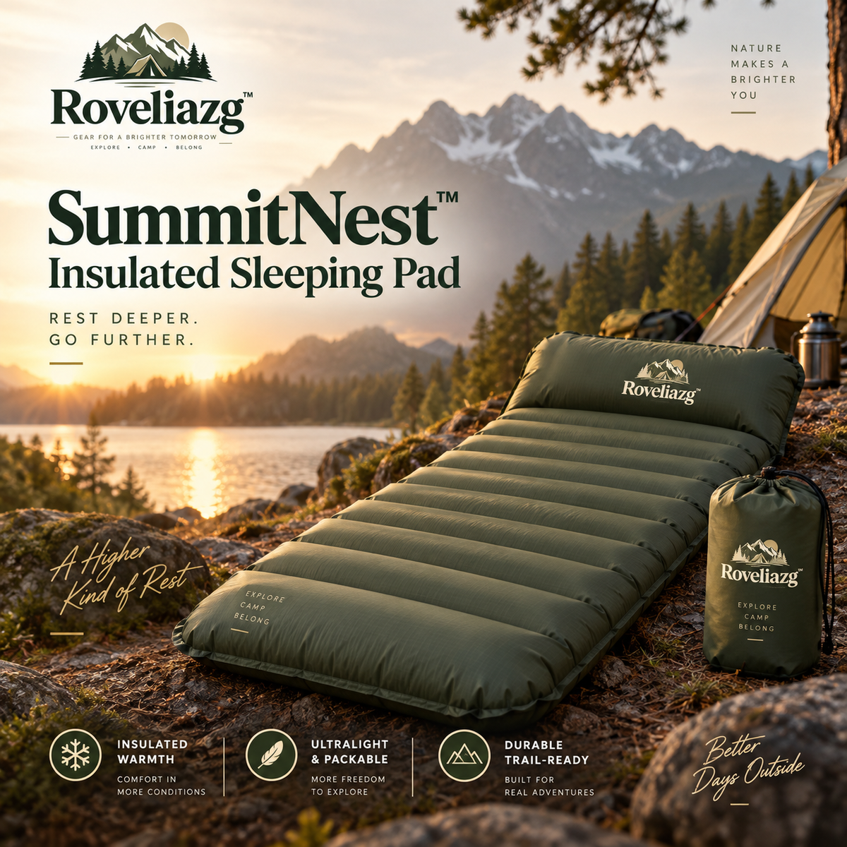 Roveliazg™ SummitNest Insulated Sleeping Pad – Ultralight Packable Camping Mat with Built-In Pillow