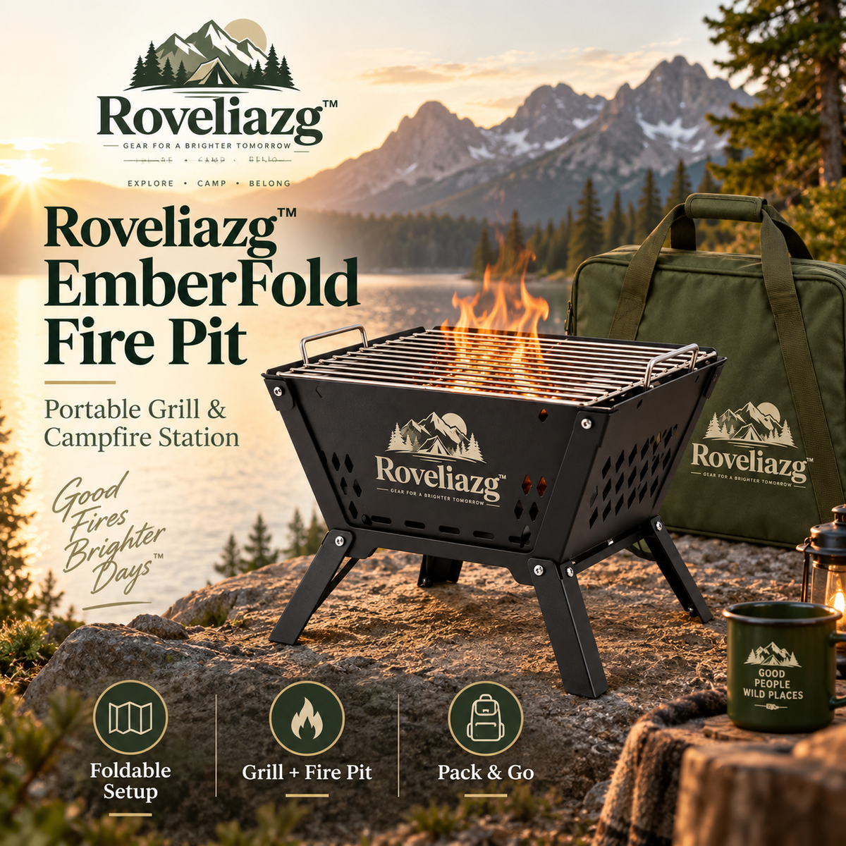 Roveliazg™ EmberFold Portable Fire Pit & Grill – Foldable Outdoor Campfire Station with Cooking Grate & Carry Bag