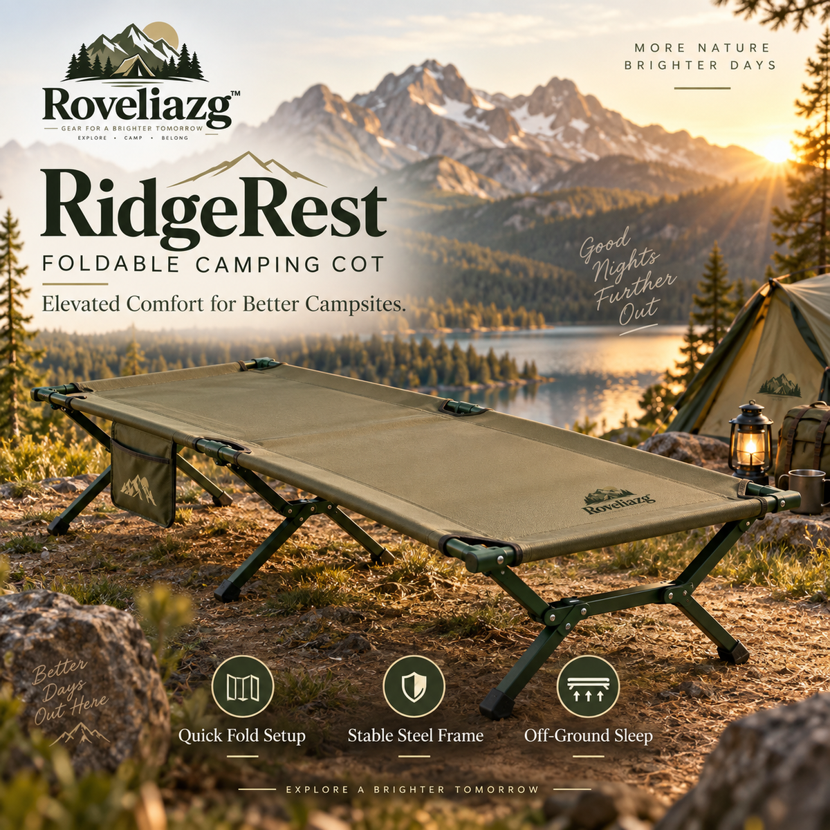 Roveliazg™ RidgeRest Foldable Camping Cot – Elevated Outdoor Sleeping Bed with Quick-Fold Steel Frame
