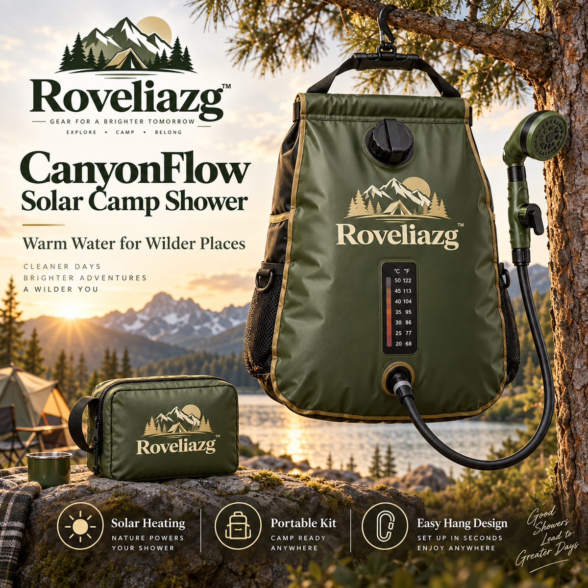 Roveliazg™ CanyonFlow Solar Camp Shower – Portable Outdoor Shower Bag with Temperature Indicator, Hose & Hanging Kit
