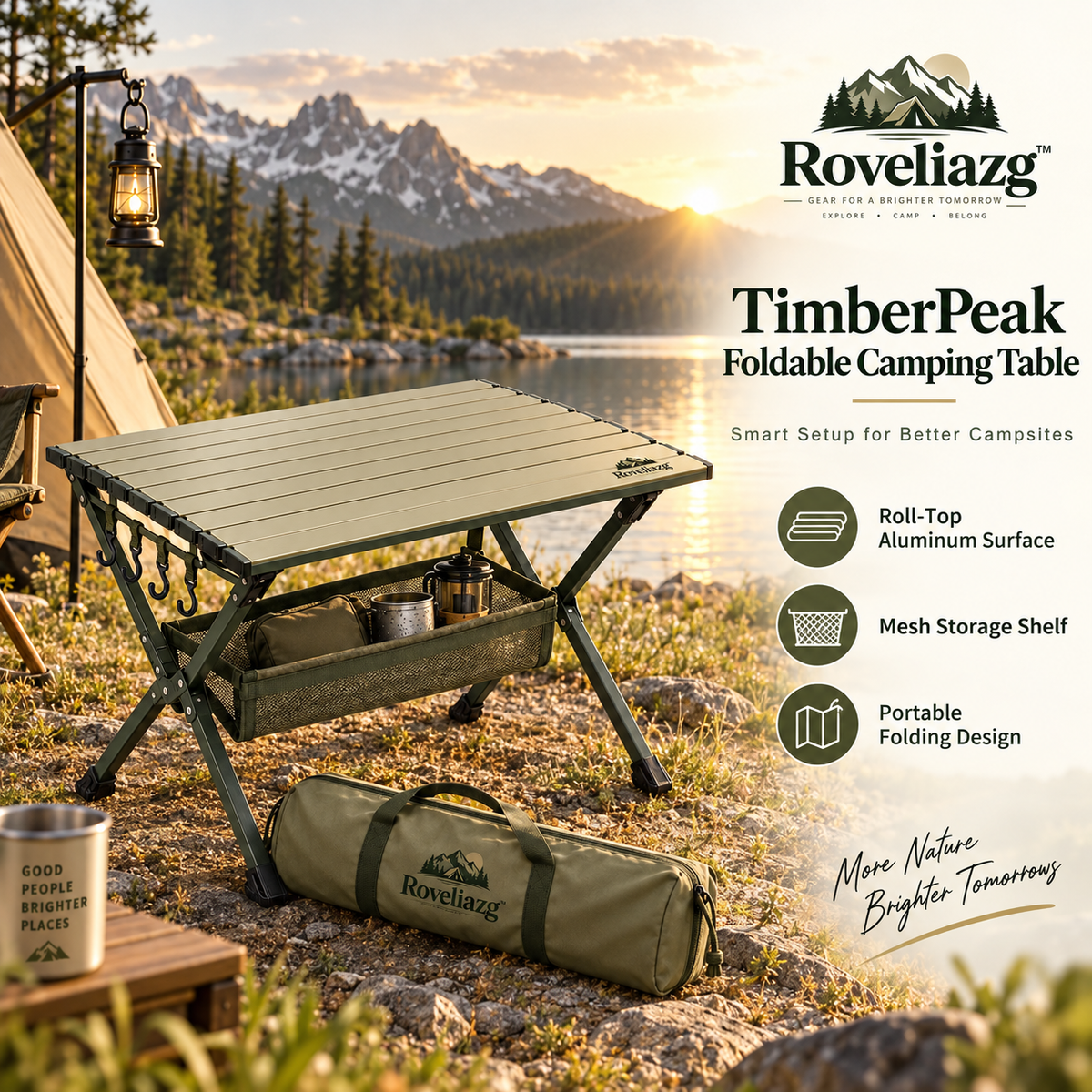 Roveliazg™ TimberPeak Foldable Camping Table – Portable Roll-Top Aluminum Outdoor Table with Mesh Storage Shelf