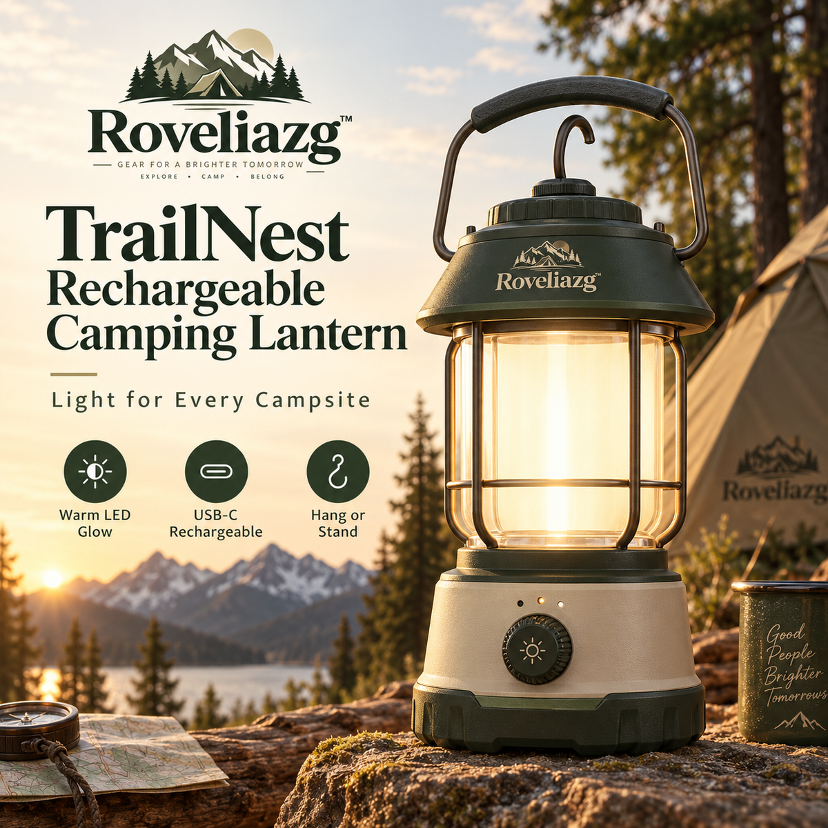 Roveliazg™ TrailNest Rechargeable Camping Lantern – Warm LED Outdoor Light with USB-C Charging & Hanging Handle