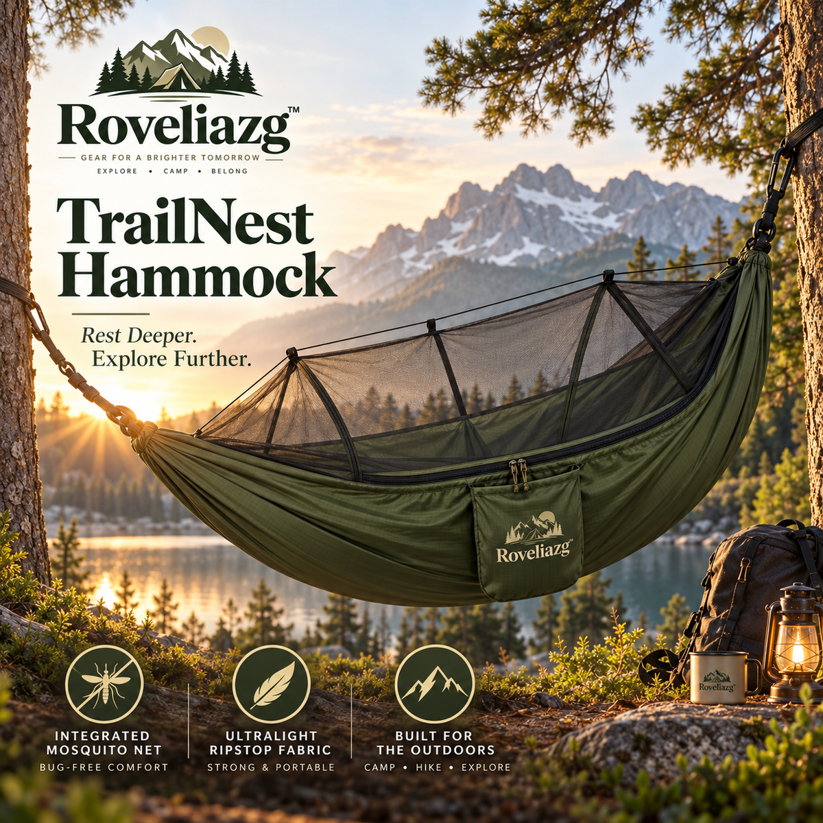 Roveliazg™ TrailNest Camping Hammock – Ultralight Ripstop Outdoor Hammock with Integrated Mosquito Net & Storage Pocket