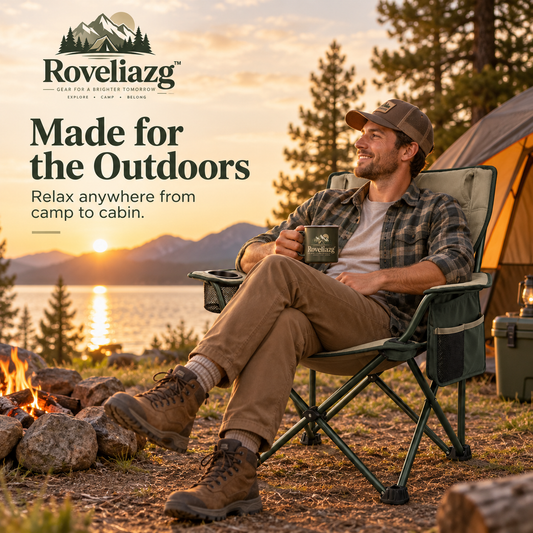 Roveliazg™ SummitRest Foldable Camping Chair – High-Back Outdoor Chair with Cup Holder & Side Storage Pocket