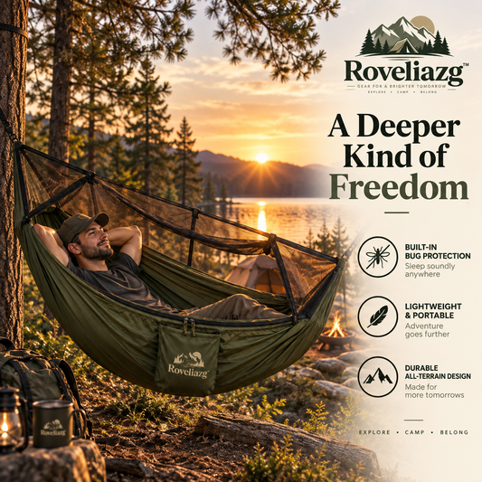 Roveliazg™ TrailNest Camping Hammock – Ultralight Ripstop Outdoor Hammock with Integrated Mosquito Net & Storage Pocket