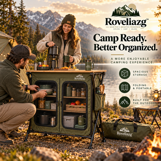 Roveliazg™ TrailPantry Folding Camp Cupboard – Portable Outdoor Storage Cabinet with Shelves, Tabletop & Carry Bag