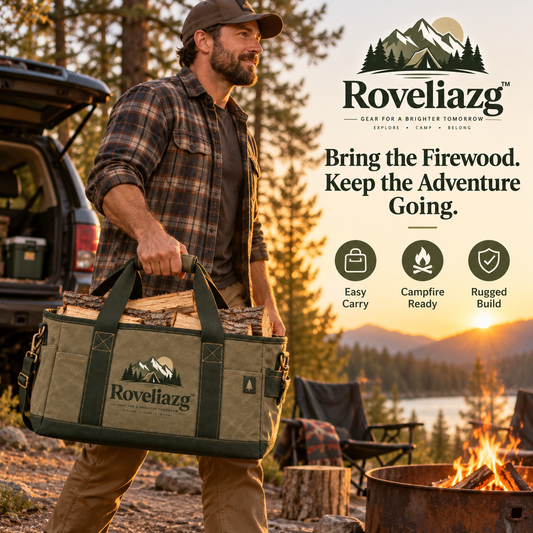 Roveliazg™ TrailCarry Firewood Tote – Heavy-Duty Waxed Canvas Log Carrier with Reinforced Handles & Shoulder Strap