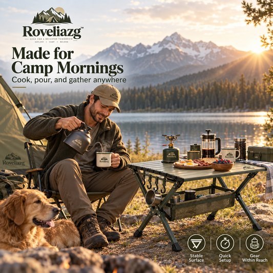 Roveliazg™ TimberPeak Foldable Camping Table – Portable Roll-Top Aluminum Outdoor Table with Mesh Storage Shelf
