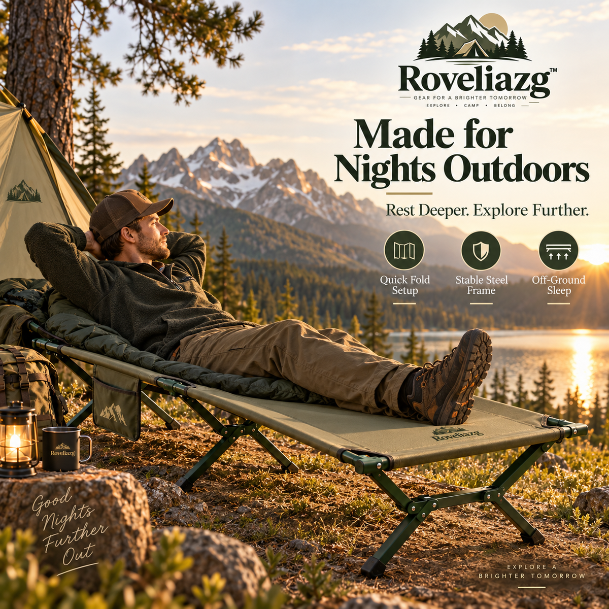 Roveliazg™ RidgeRest Foldable Camping Cot – Elevated Outdoor Sleeping Bed with Quick-Fold Steel Frame