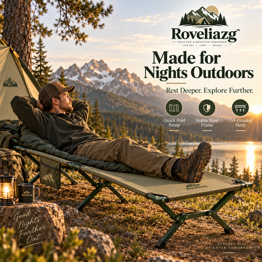 Roveliazg™ RidgeRest Foldable Camping Cot – Elevated Outdoor Sleeping Bed with Quick-Fold Steel Frame