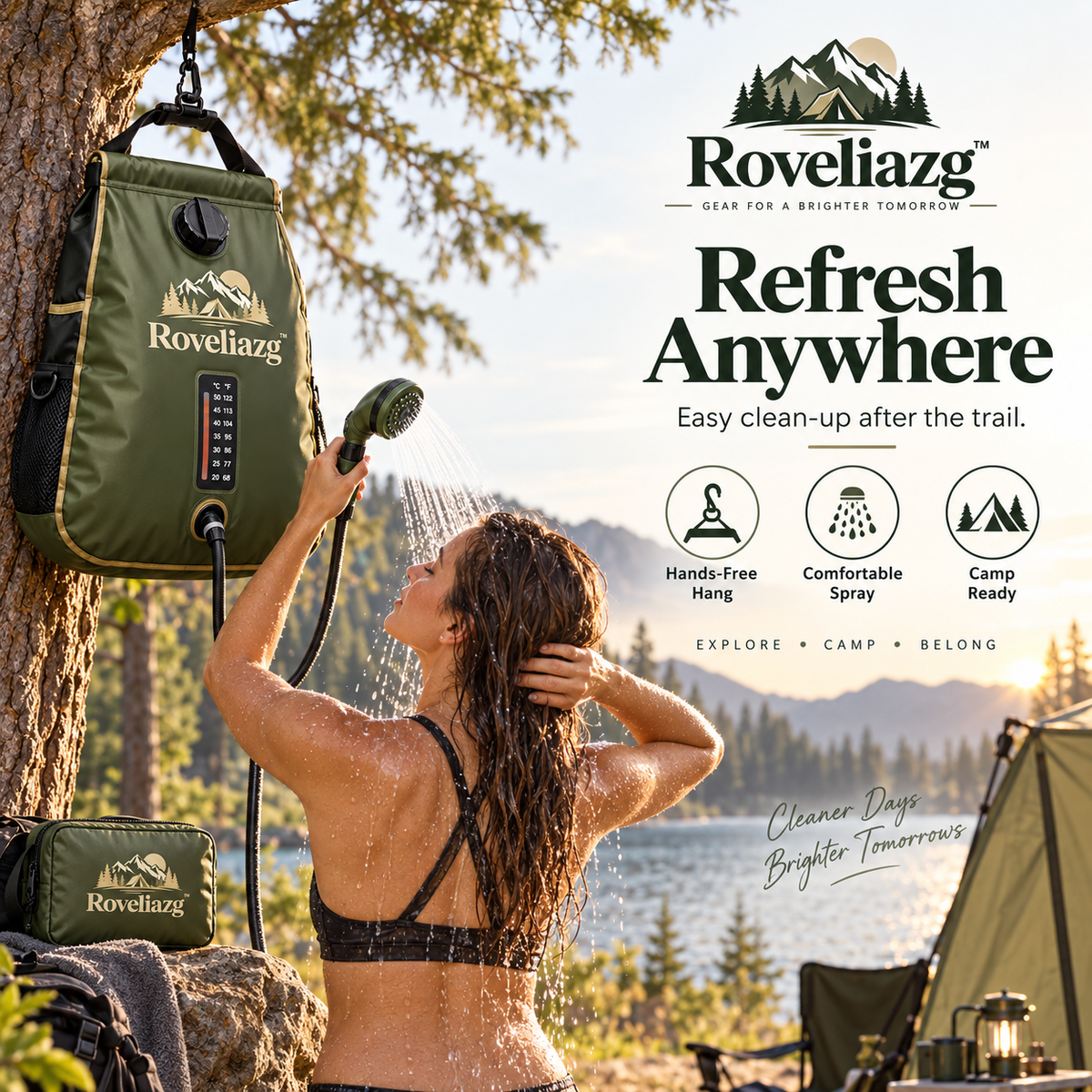 Roveliazg™ CanyonFlow Solar Camp Shower – Portable Outdoor Shower Bag with Temperature Indicator, Hose & Hanging Kit