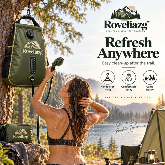 Roveliazg™ CanyonFlow Solar Camp Shower – Portable Outdoor Shower Bag with Temperature Indicator, Hose & Hanging Kit