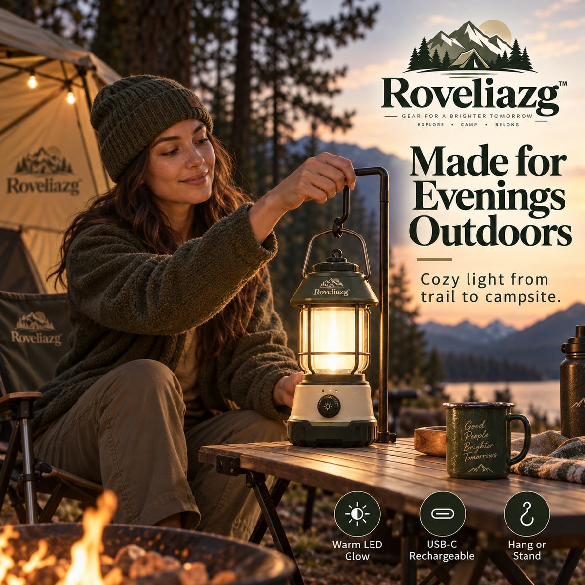 Roveliazg™ TrailNest Rechargeable Camping Lantern – Warm LED Outdoor Light with USB-C Charging & Hanging Handle