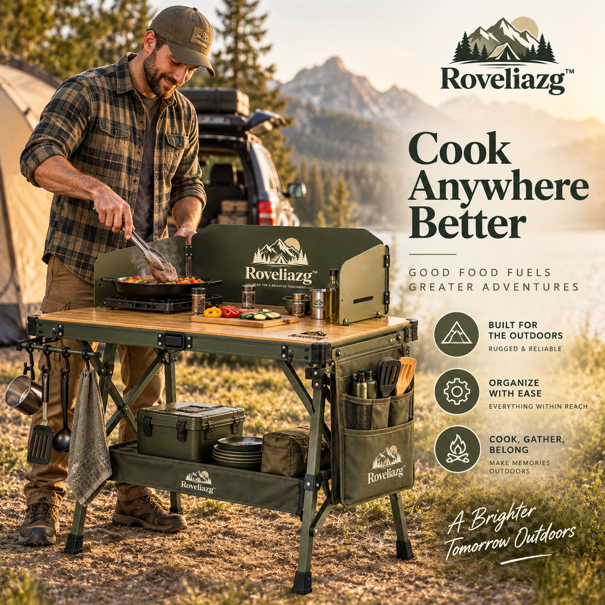 Roveliazg™ TrailCook Pro Foldable Camp Kitchen Station – Portable Outdoor Cooking Table with Wind Guard, Storage Shelf & Hanging Hooks