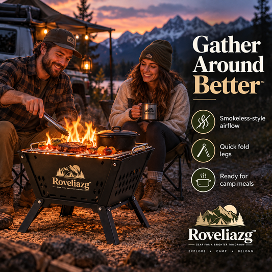 Roveliazg™ EmberFold Portable Fire Pit & Grill – Foldable Outdoor Campfire Station with Cooking Grate & Carry Bag