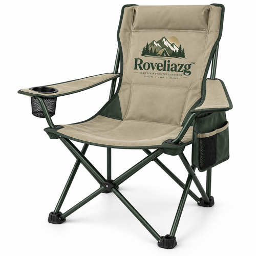 Roveliazg™ SummitRest Foldable Camping Chair – High-Back Outdoor Chair with Cup Holder & Side Storage Pocket