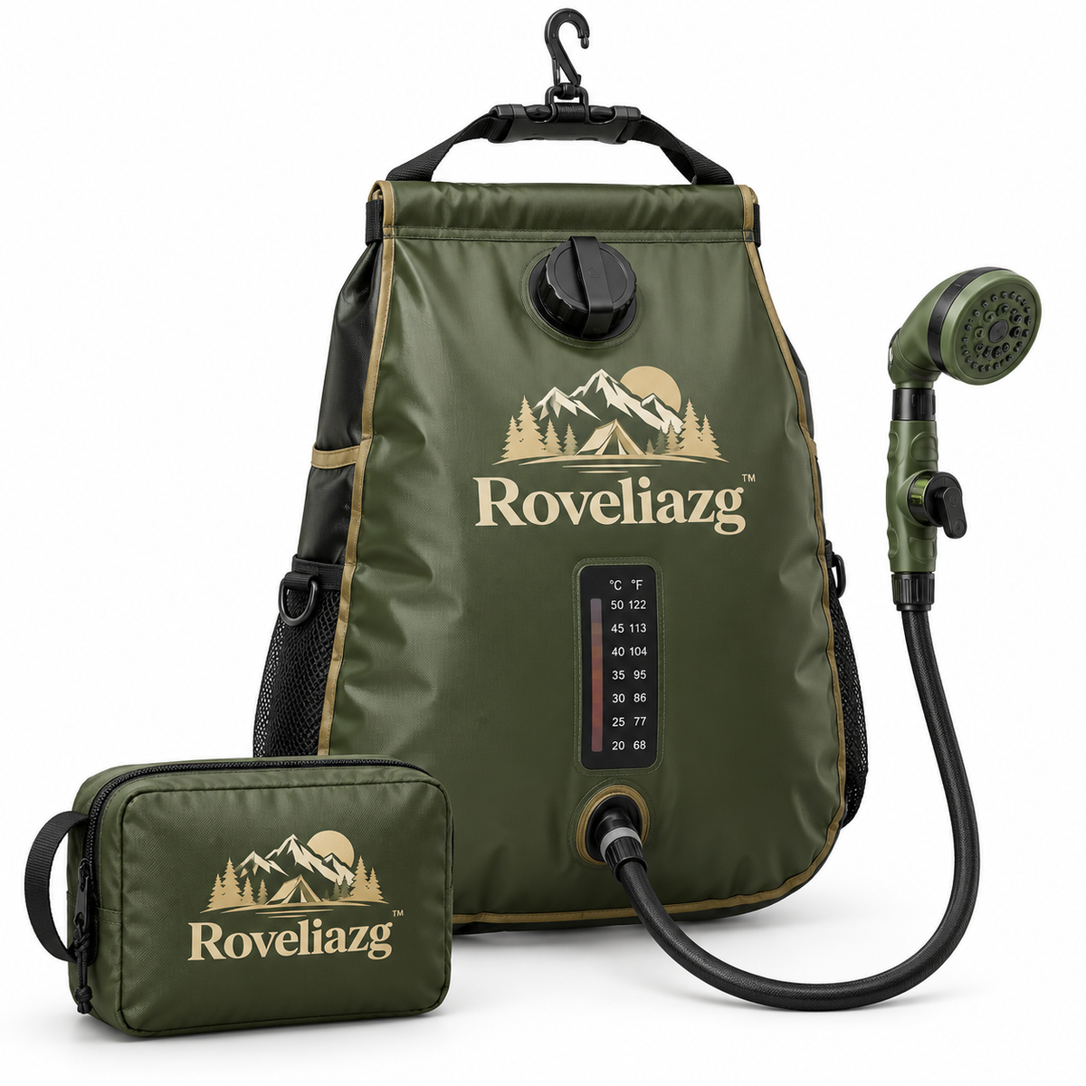 Roveliazg™ CanyonFlow Solar Camp Shower – Portable Outdoor Shower Bag with Temperature Indicator, Hose & Hanging Kit