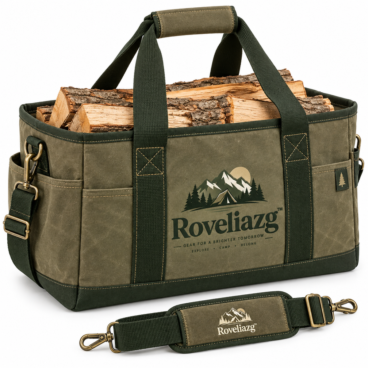 Roveliazg™ TrailCarry Firewood Tote – Heavy-Duty Waxed Canvas Log Carrier with Reinforced Handles & Shoulder Strap