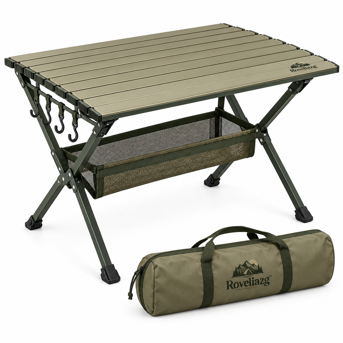 Roveliazg™ TimberPeak Foldable Camping Table – Portable Roll-Top Aluminum Outdoor Table with Mesh Storage Shelf