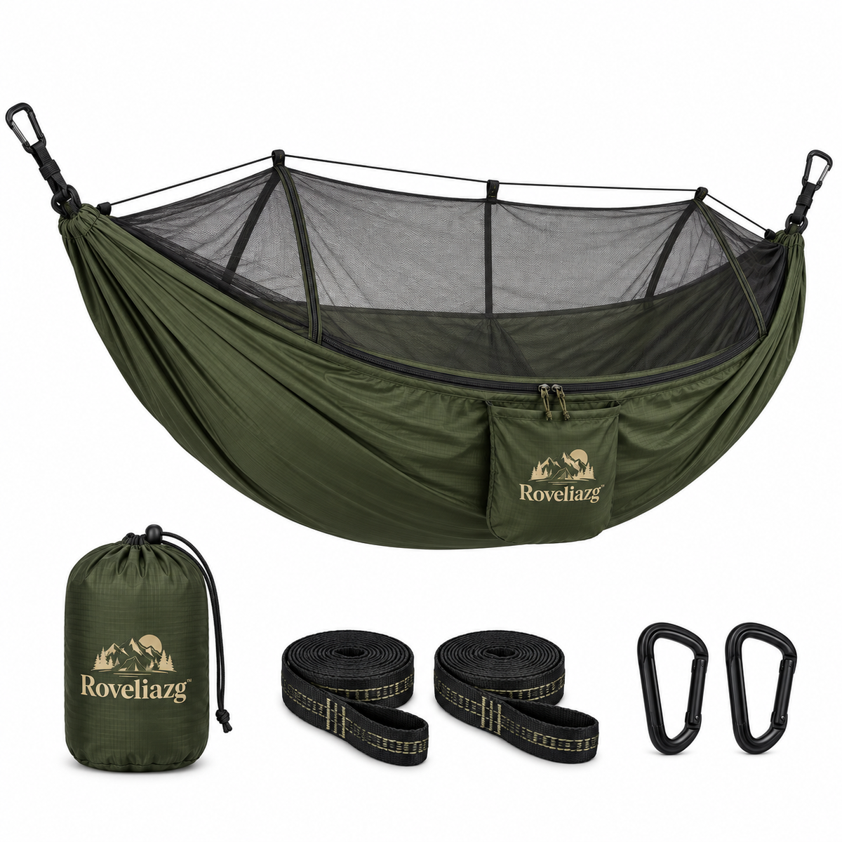 Roveliazg™ TrailNest Camping Hammock – Ultralight Ripstop Outdoor Hammock with Integrated Mosquito Net & Storage Pocket