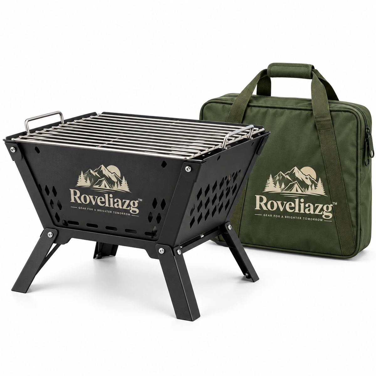 Roveliazg™ EmberFold Portable Fire Pit & Grill – Foldable Outdoor Campfire Station with Cooking Grate & Carry Bag