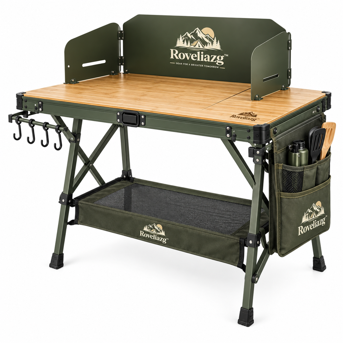 Roveliazg™ TrailCook Pro Foldable Camp Kitchen Station – Portable Outdoor Cooking Table with Wind Guard, Storage Shelf & Hanging Hooks