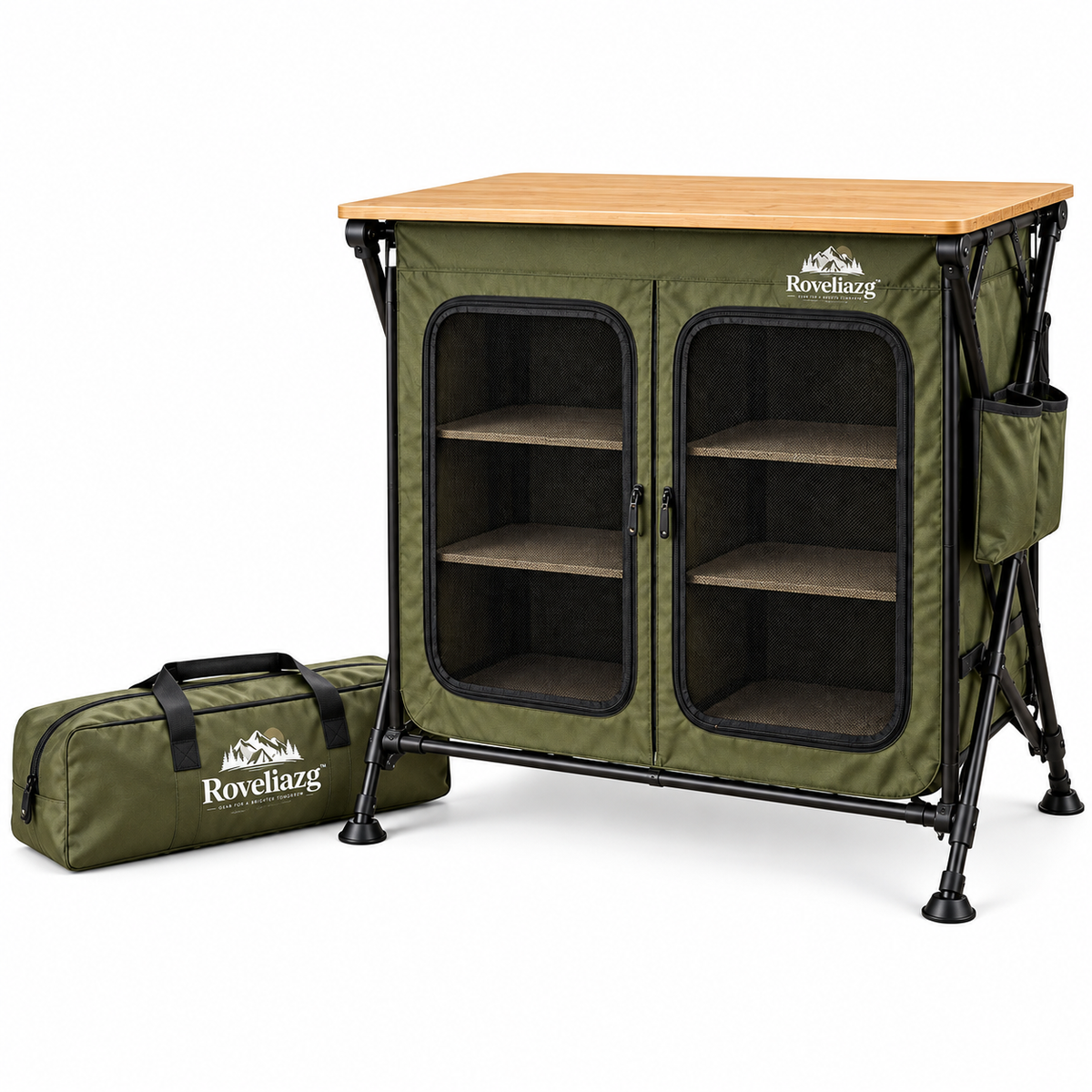 Roveliazg™ TrailPantry Folding Camp Cupboard – Portable Outdoor Storage Cabinet with Shelves, Tabletop & Carry Bag