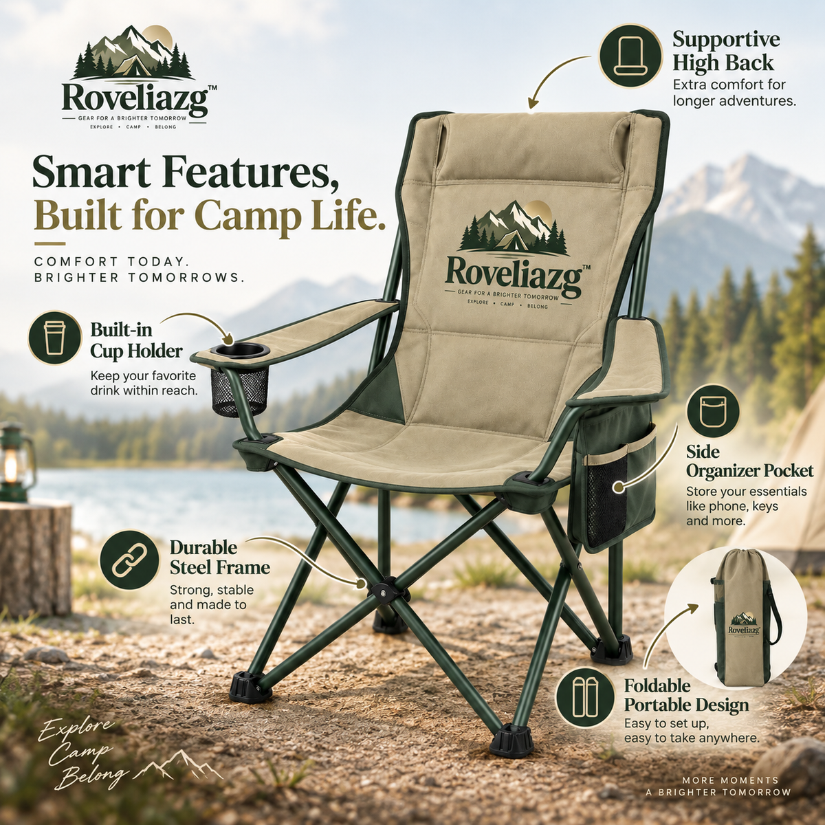 Roveliazg™ SummitRest Foldable Camping Chair – High-Back Outdoor Chair with Cup Holder & Side Storage Pocket