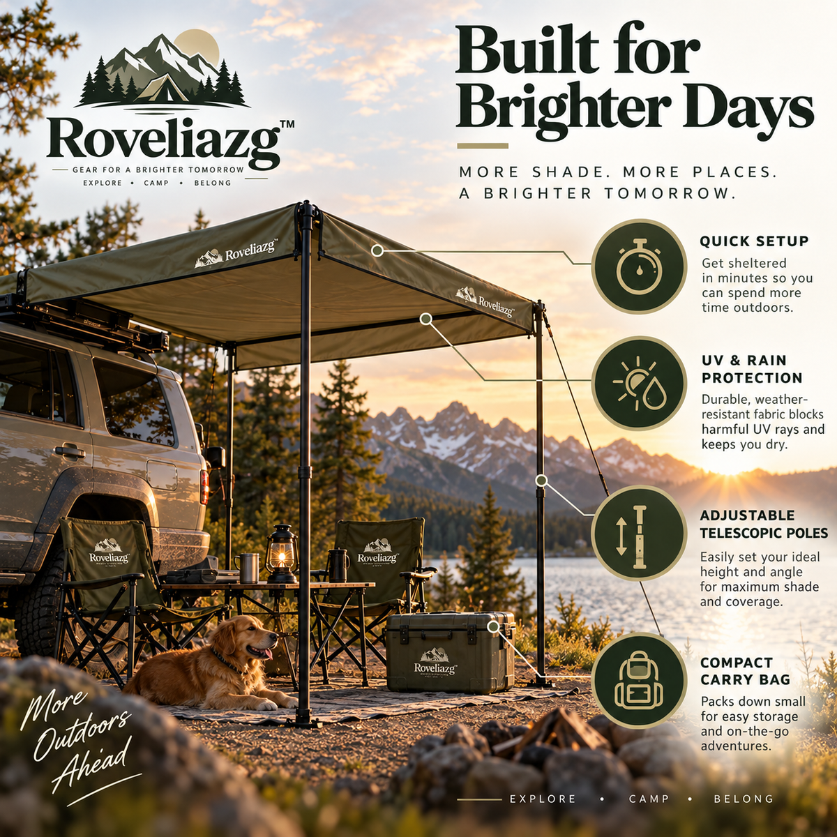 Roveliazg™ TrailShade Awning – Portable Vehicle Camping Canopy with UV Protection, Weather Shelter & Quick Setup