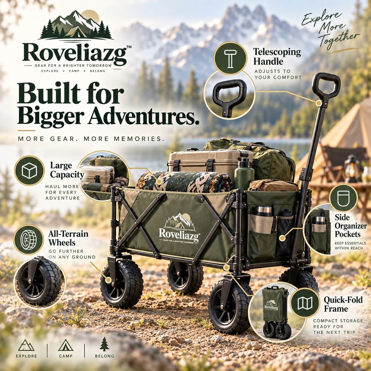 Roveliazg™ PineTrail Foldable Camping Wagon – All-Terrain Utility Cart with Large Storage Capacity & Quick-Fold Design
