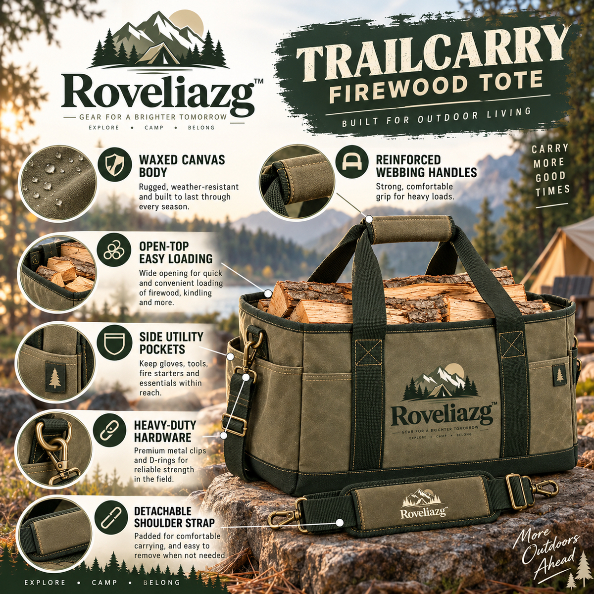 Roveliazg™ TrailCarry Firewood Tote – Heavy-Duty Waxed Canvas Log Carrier with Reinforced Handles & Shoulder Strap
