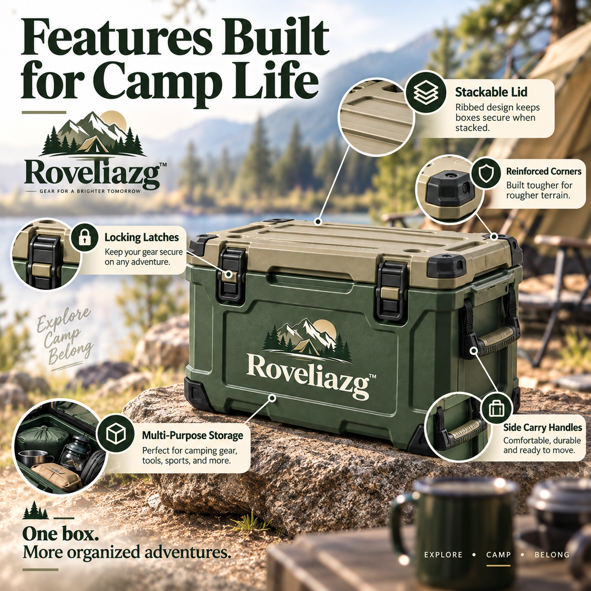 Roveliazg™ SummitVault Hard Camp Storage Box – Rugged Outdoor Gear Organizer with Secure Latches & Carry Handles