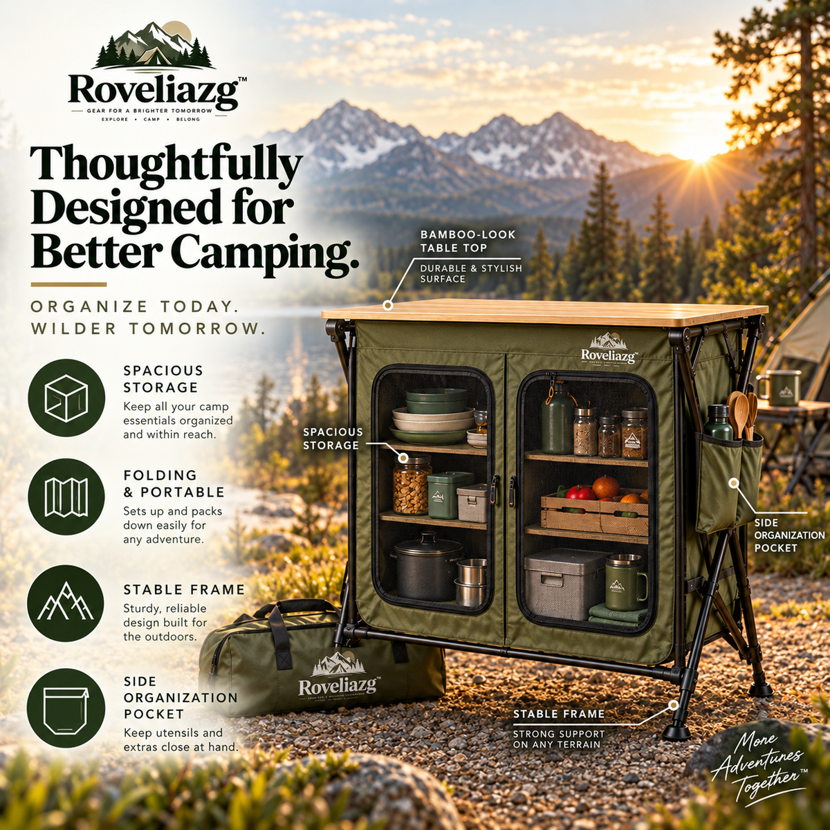 Roveliazg™ TrailPantry Folding Camp Cupboard – Portable Outdoor Storage Cabinet with Shelves, Tabletop & Carry Bag