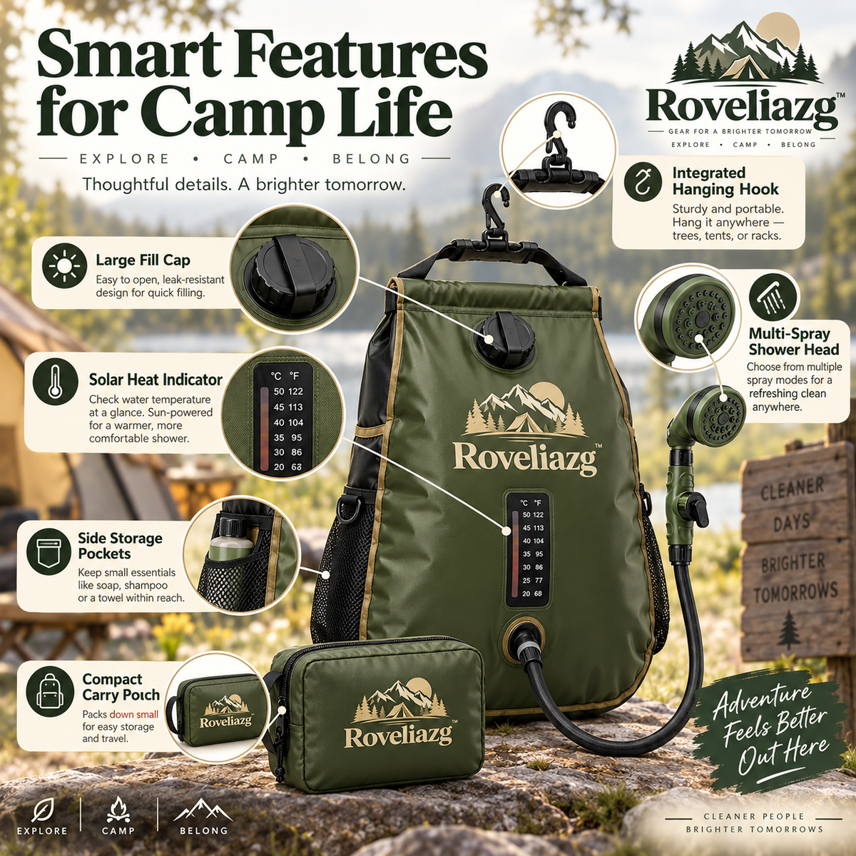 Roveliazg™ CanyonFlow Solar Camp Shower – Portable Outdoor Shower Bag with Temperature Indicator, Hose & Hanging Kit