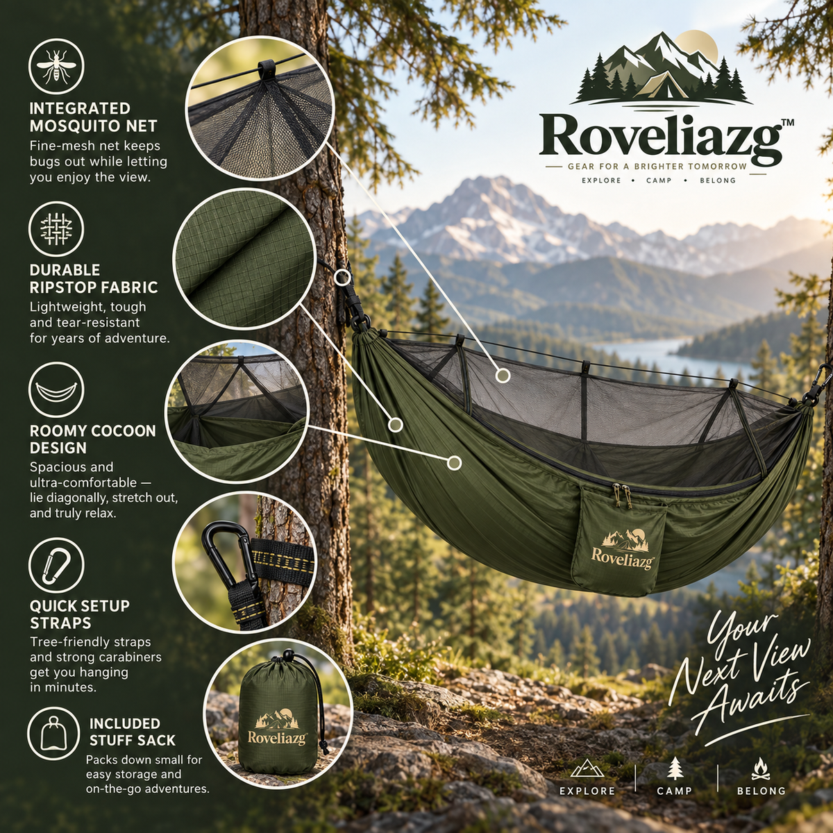 Roveliazg™ TrailNest Camping Hammock – Ultralight Ripstop Outdoor Hammock with Integrated Mosquito Net & Storage Pocket