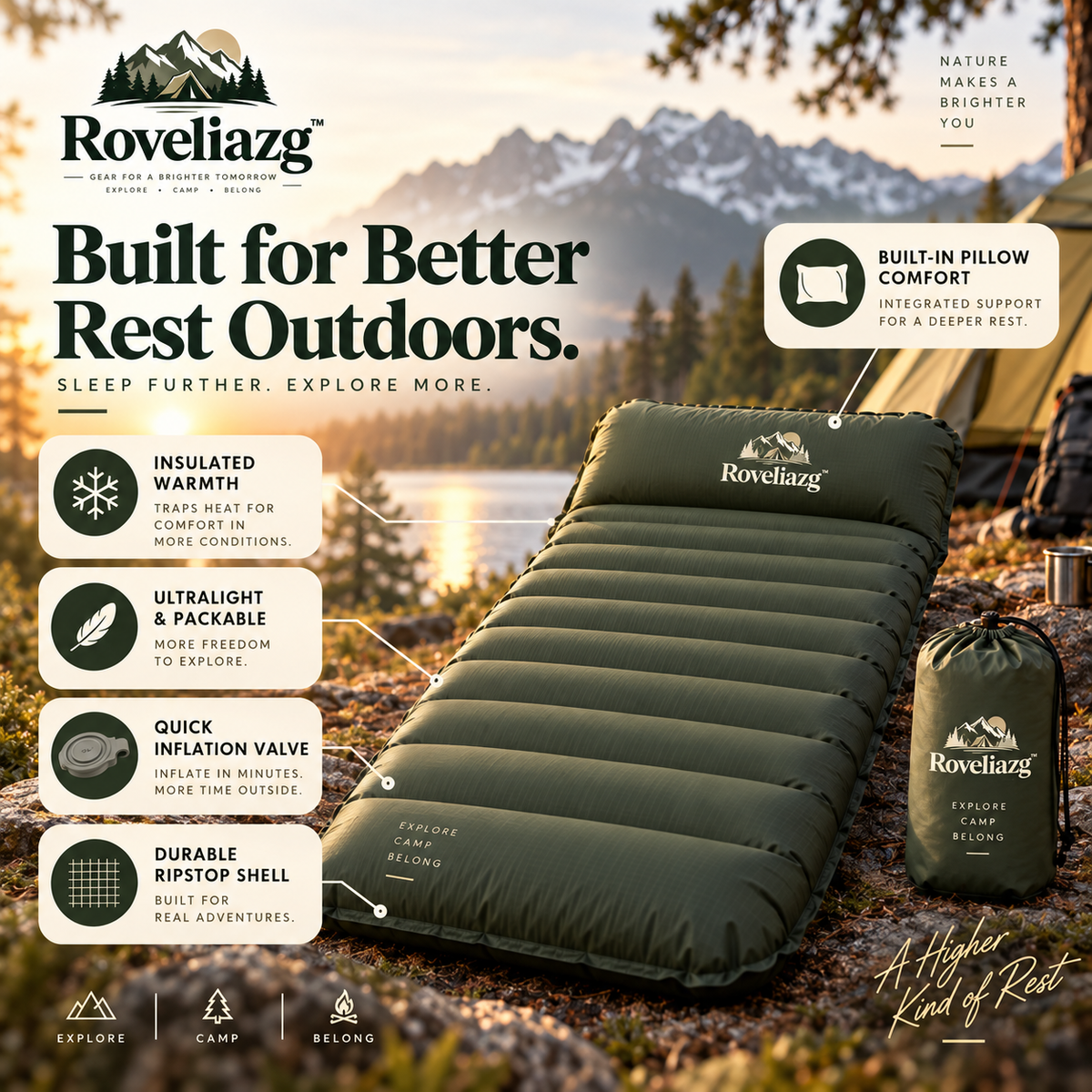 Roveliazg™ SummitNest Insulated Sleeping Pad – Ultralight Packable Camping Mat with Built-In Pillow