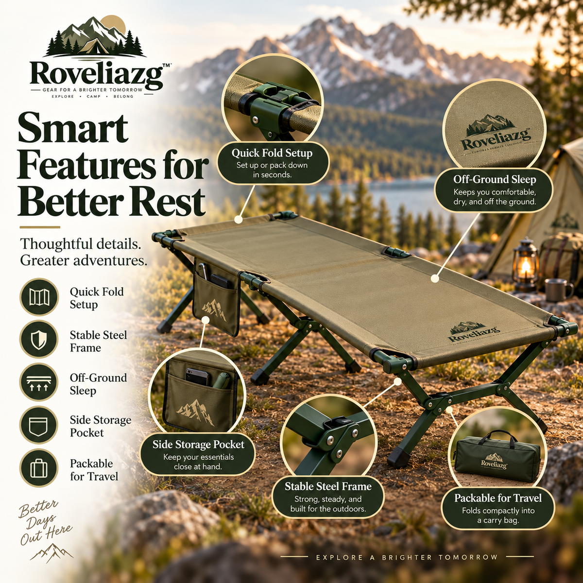 Roveliazg™ RidgeRest Foldable Camping Cot – Elevated Outdoor Sleeping Bed with Quick-Fold Steel Frame