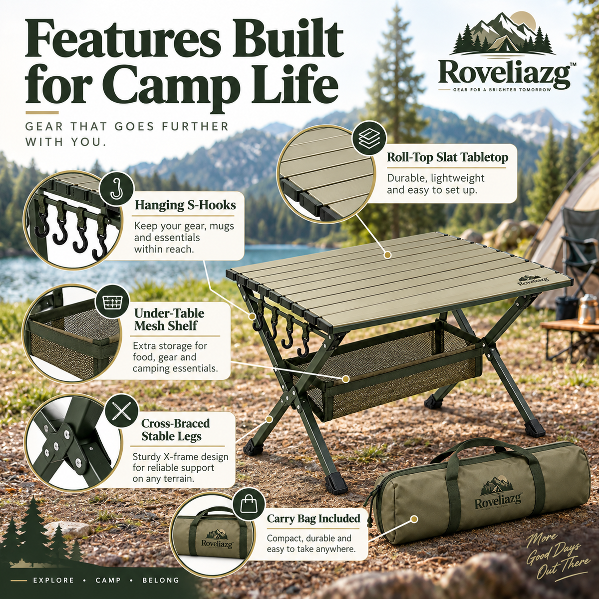 Roveliazg™ TimberPeak Foldable Camping Table – Portable Roll-Top Aluminum Outdoor Table with Mesh Storage Shelf