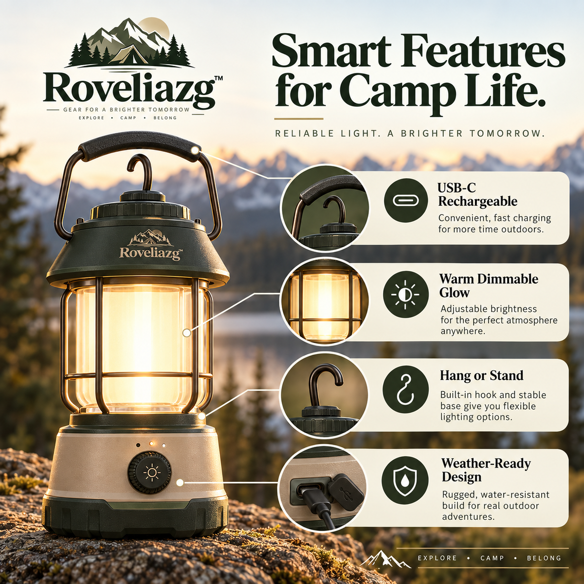 Roveliazg™ TrailNest Rechargeable Camping Lantern – Warm LED Outdoor Light with USB-C Charging & Hanging Handle