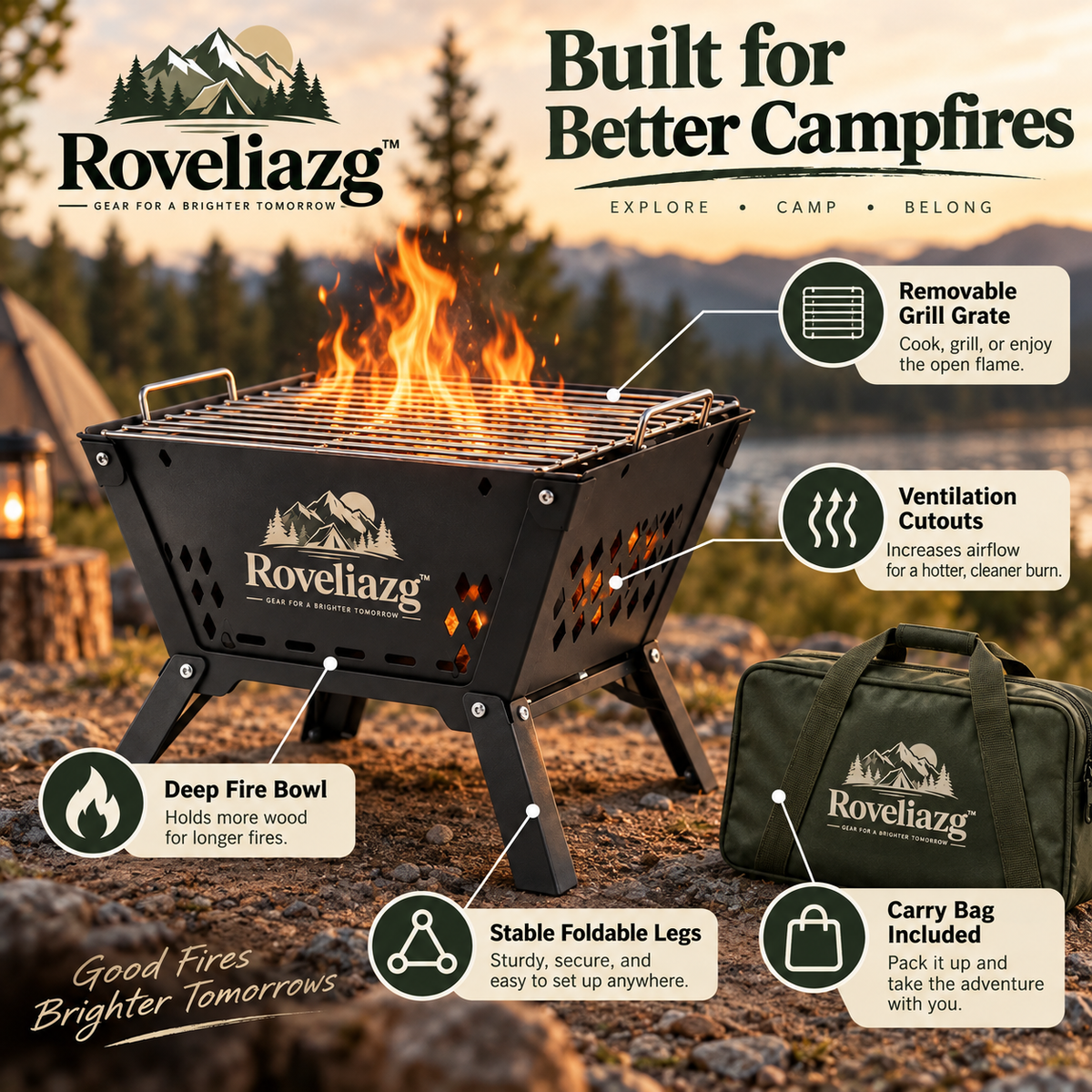 Roveliazg™ EmberFold Portable Fire Pit & Grill – Foldable Outdoor Campfire Station with Cooking Grate & Carry Bag