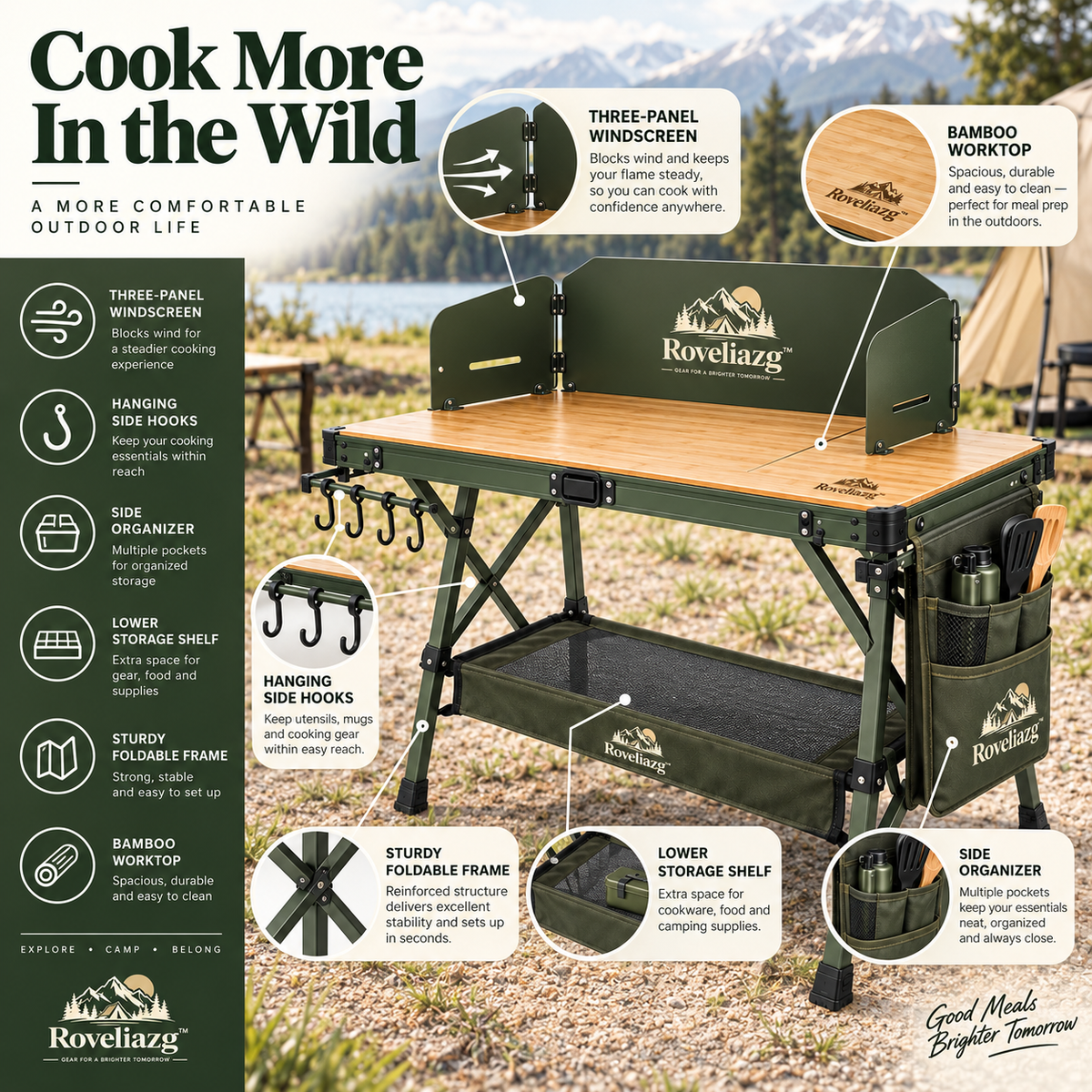 Roveliazg™ TrailCook Pro Foldable Camp Kitchen Station – Portable Outdoor Cooking Table with Wind Guard, Storage Shelf & Hanging Hooks